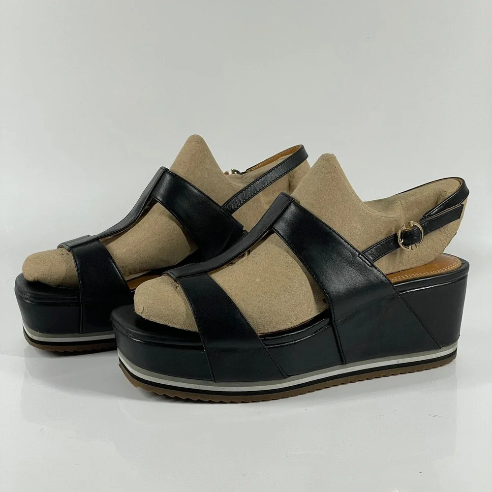 sz 7.5 Bill Blass Ursula Black Leather Platform Wedge Sandals Ankle Strap
